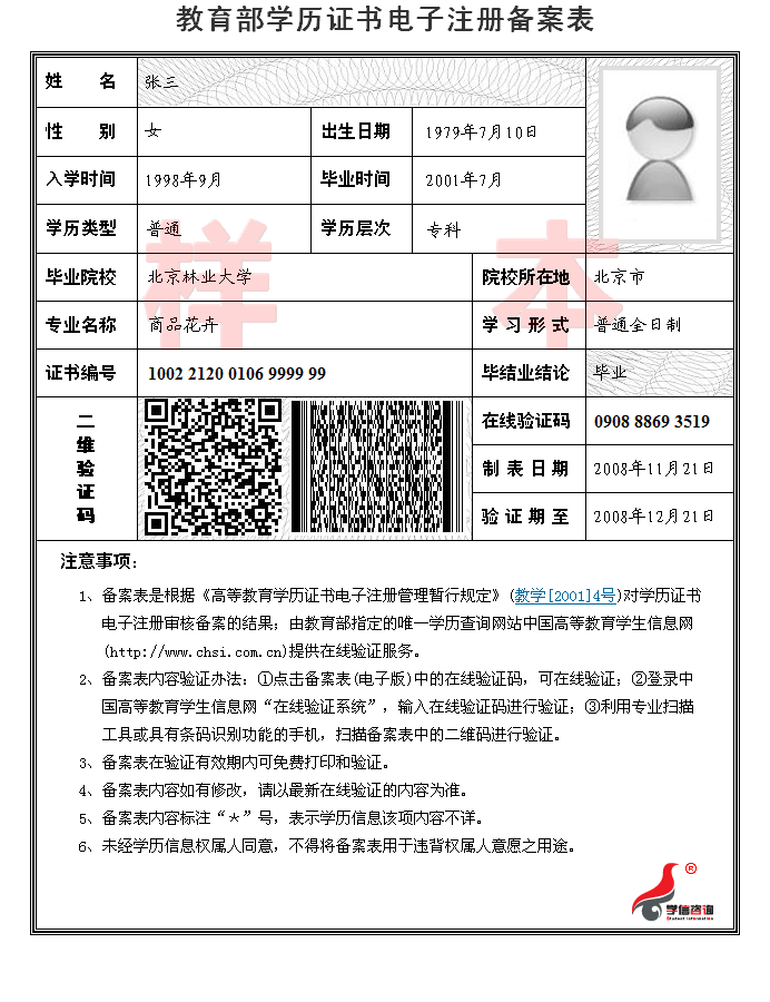 广东自考学历认证报告样本展示