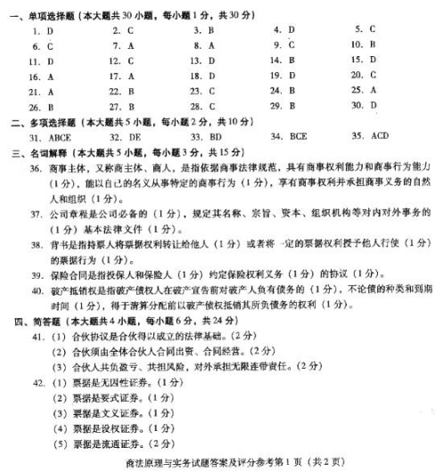 2018年广东自考法学类商法原理与实务模拟试题及答案一(图1)