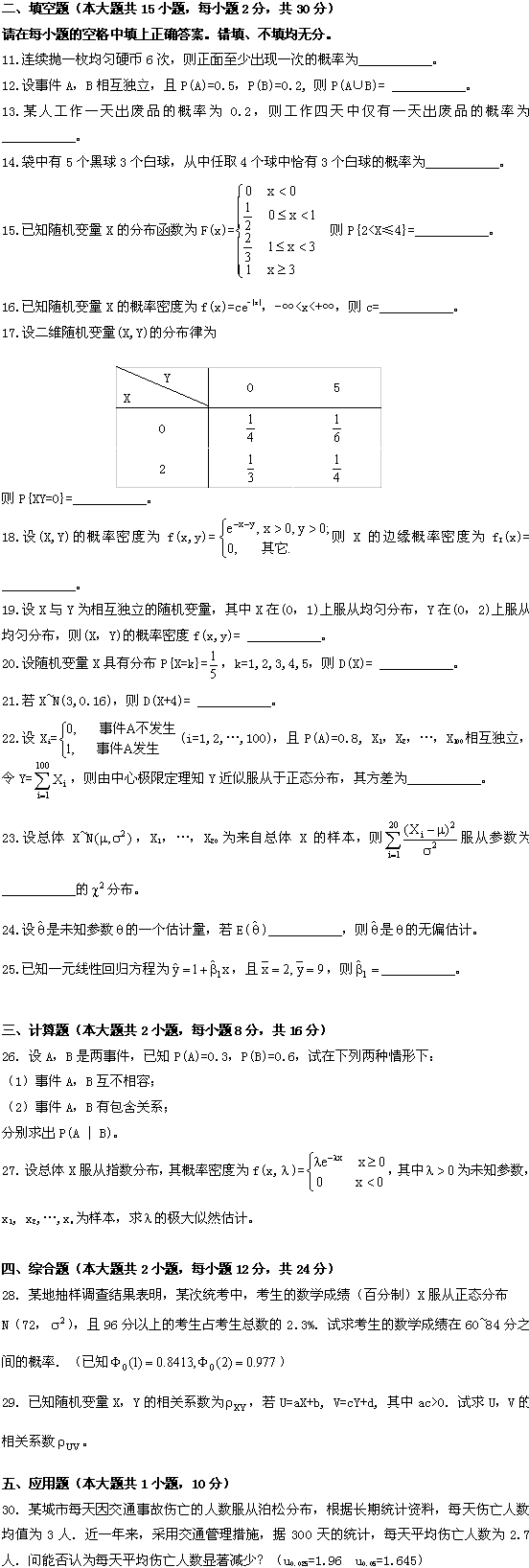 全国2009年1月高等教育自学考试概率论与数理统计(图2) 全国2009年1月高等教育自学考试概率论与数理统计(图2)